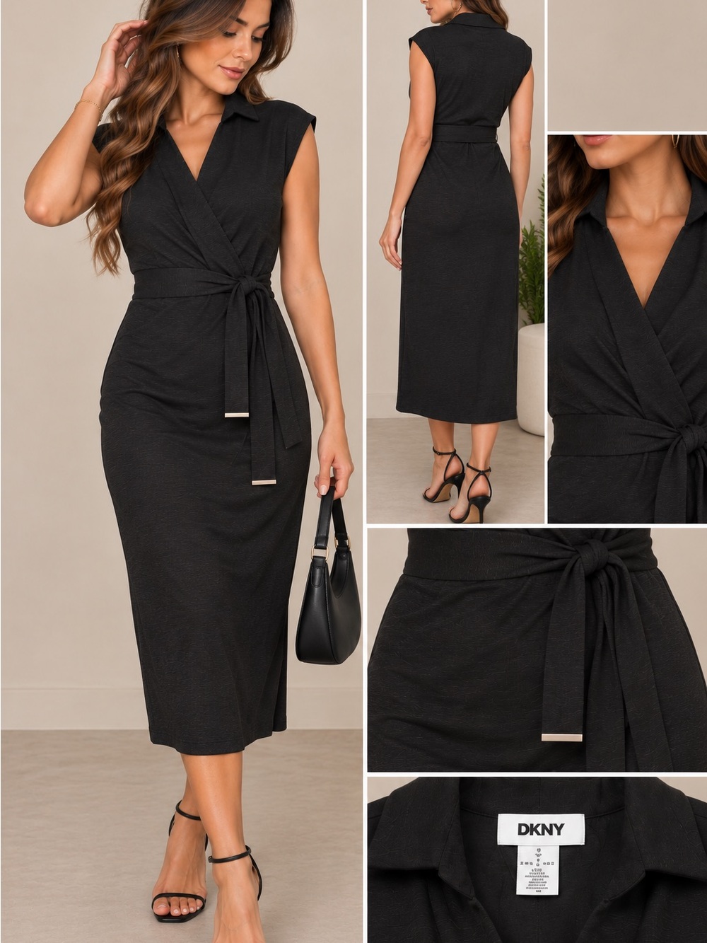 DKNY Black Sleeveless Wrap-Front Midi Dress with Tie Waist